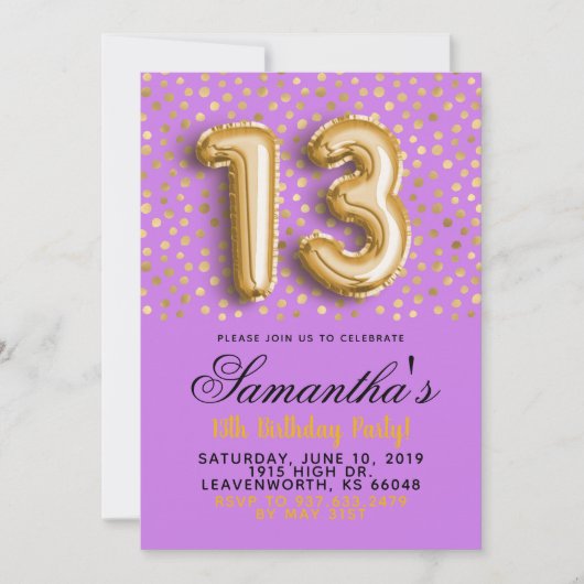 13. Geburtstag Gold Confetti Einladung (Vorderseite)