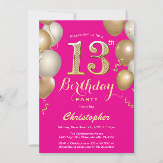 13. Geburtstag Hot Pink und Gold Balloons Confetti Einladung