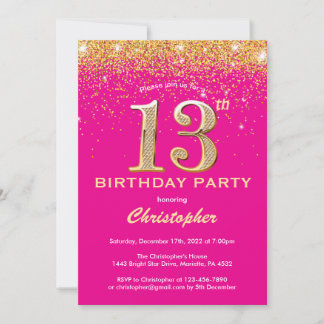 13. Geburtstag Hot Pink und Gold Glitzer Confetti Einladung