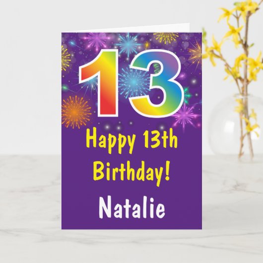13. Geburtstag Lila Rainbow-Feuerwerke Karte (Gelbe Blume)