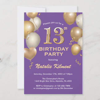 13. Geburtstag Lila und Gold Glitzer Ballons Einladung