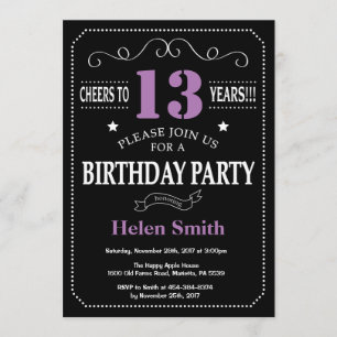 13. Geburtstag Lila und schwarz Chalkboard Einladung