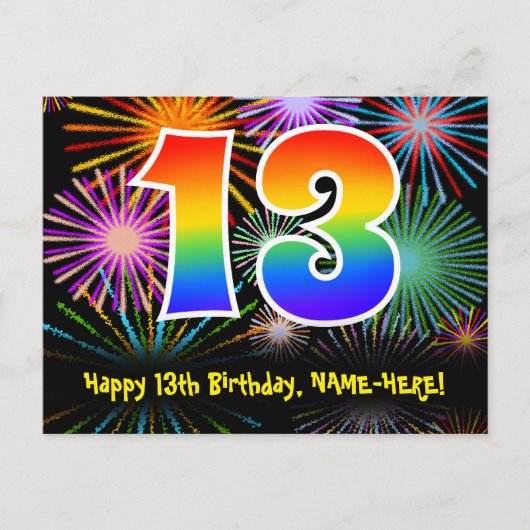13. Geburtstag – Lustiges Feuerwerk Muster + Regen Postkarte (Vorderseite)