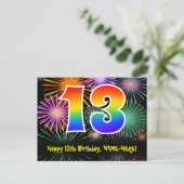 13. Geburtstag – Lustiges Feuerwerk Muster + Regen Postkarte (Stehend Vorderseite)