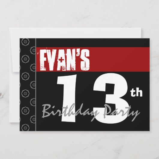 13. Geburtstag Moderne für ihn Red White Black G21 Einladung (Vorderseite)