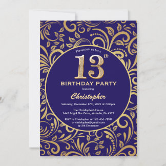 13. Geburtstag Navy Blue and Gold Floral Muster Einladung