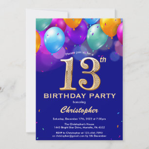 13. Geburtstag Navy Blue und Gold farbige Ballons Einladung