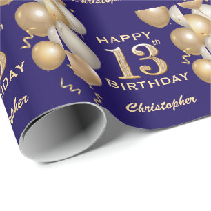 13. Geburtstag Navy Blue und Gold Glitzer Balloons Geschenkpapier