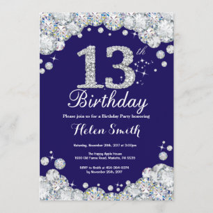 13. Geburtstag Navy Blue und Silver Diamond Einladung