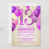 13. Geburtstag Pink Balloons Einladung (Vorderseite)