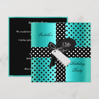 13. Geburtstag Polka Dot Aquamarin Blue Schwarz-we Einladung