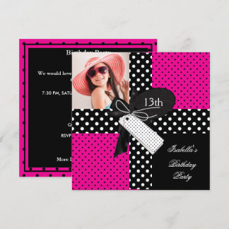 13. Geburtstag Polka Dot Hot Pink Schwarz-weiß Einladung
