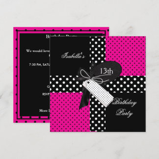 13. Geburtstag Polka Dot Hot Pink Schwarz-weiß Einladung