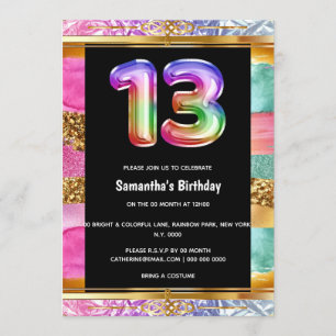 13. Geburtstag Regenbogen Glitzer buntes Party Einladung