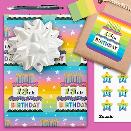 13. Geburtstag Regenbogen Streifen Kuchen Geschenkpapier Set