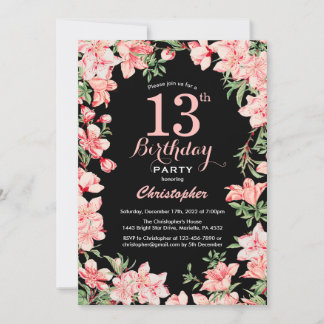 13. Geburtstag Rosa Blume Schwarzer Hintergrund Einladung
