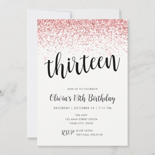 13. Geburtstag Rosa Glitzer Confetti Einladung (Vorderseite)