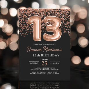 13. Geburtstag Rose Gold Black Balloons Party Einladung
