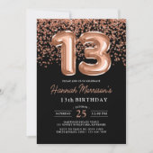 13. Geburtstag Rose Gold Black Balloons Party Einladung (Vorderseite)