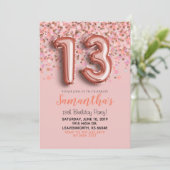 13. Geburtstag Rose Goldene Confetti Einladung (Stehend Vorderseite)