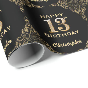 13. Geburtstag Schwarz-Gold-Glitzer-Rahmen Geschenkpapier