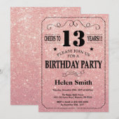13. Geburtstag Schwarz-Rosa-Glitzer Einladung (Vorne/Hinten)