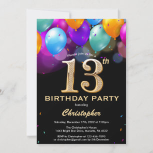 13. Geburtstag Schwarz und Gold farbige Ballons Einladung