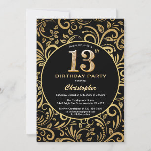 13. Geburtstag Schwarz und Gold Floral Muster Einladung