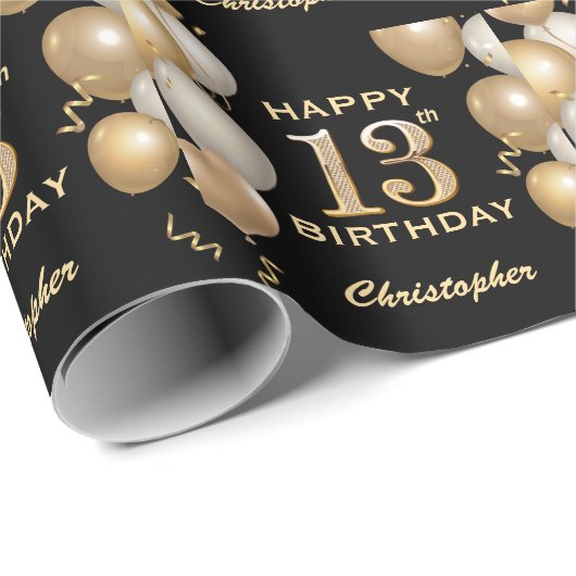 13. Geburtstag Schwarz und Gold Glitzer Ballons Geschenkpapier (Rolleneckpunkt)