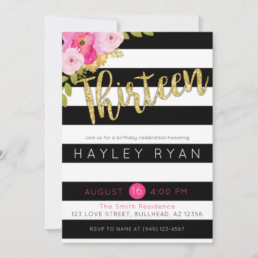 13. Geburtstag Schwarz-weißer Streifen Einladung (Vorderseite)