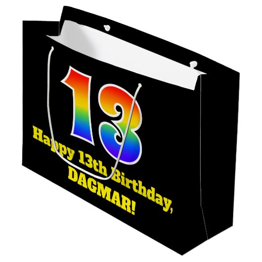 13. Geburtstag ~ Spaß, farbenfroh, lebhaft, Regenb Große Geschenktüte (Vorderseite Schrägansicht)
