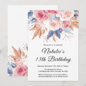 13. Geburtstag Wasserfarben Botanische Blume Einladung (Vorne/Hinten)