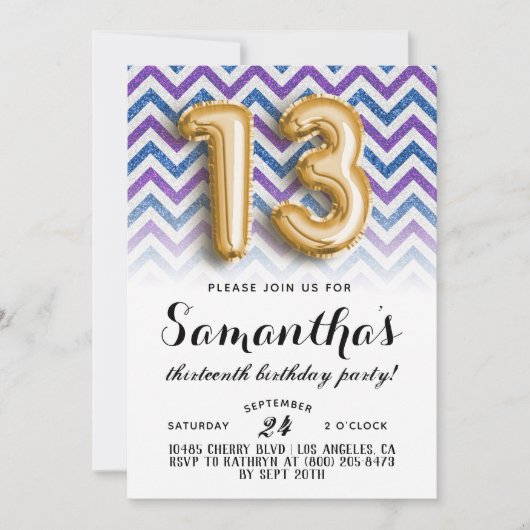 13. Geburtstag Zickzack Streifen Glitzer Einladung (Vorderseite)