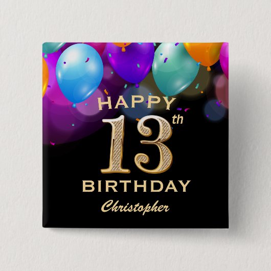 13. Geburtstagsparty Black and Gold Ballons Button (Vorderseite)