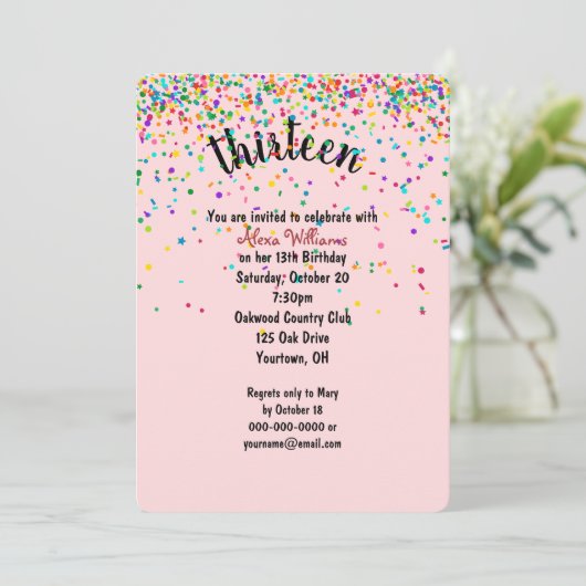 13. Geburtstagsparty Konfetti Einladung (Stehend Vorderseite)