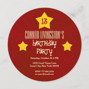 13. Geburtstagsparty Red Circle Gold Stars V03D3 Einladung