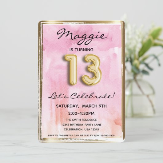 13. Girl Birthday Pink und Gold Einladung (Stehend Vorderseite)