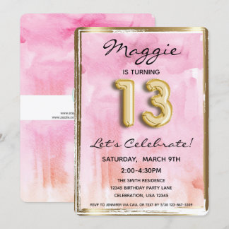13. Girl Birthday Pink und Gold Einladung