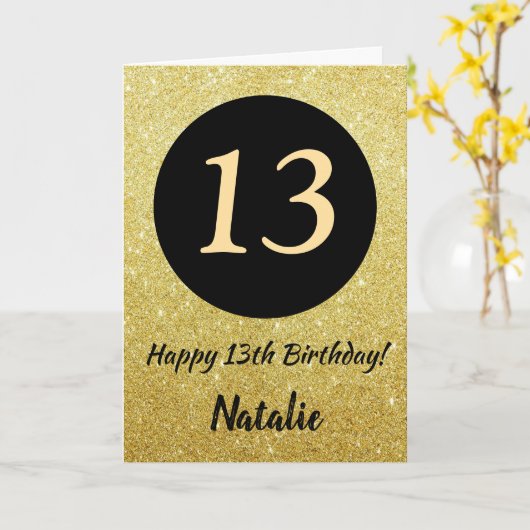 13. Happy Birthday Black and Gold Glitzer Card Karte (Gelbe Blume)