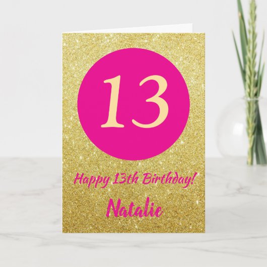 13. Happy Birthday Hot Pink und Gold Glitzer Karte (Vorderseite)