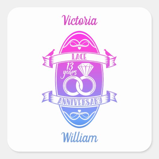 13 Jahre traditioneller Spitzenplatz 13. Hochzeits Quadratischer Aufkleber (Vorderseite)