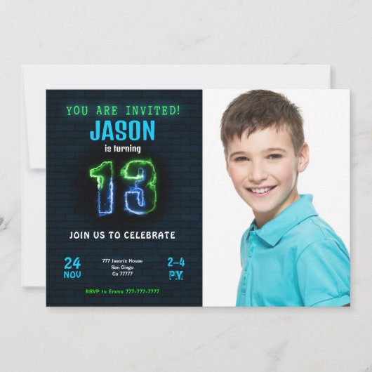 13. Junge Geburtstag Foto Einladung (Vorderseite)