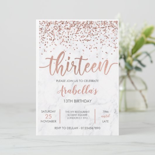 13., Marmor Rose Gold Rosa Einladung (Stehend Vorderseite)