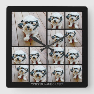 13 Photo Funky Collage with Simple Text Quadratische Wanduhr