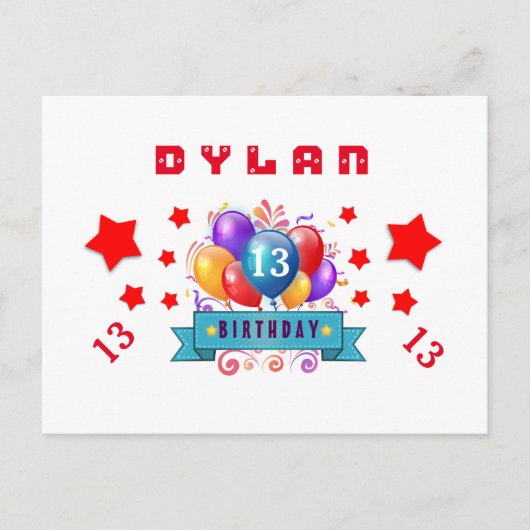13. Rett Geburtsdatum Ballons und Sterne S11 Ankündigungspostkarte (Vorderseite)