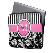 13" Rosa-Schwarz-weißer Damast-gestreifte Laptopschutzhülle (Vorderseite Links)