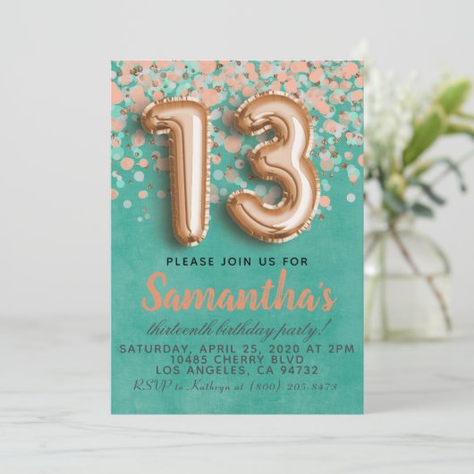 13. Rose Gold Geburtstag Einladung (Stehend Vorderseite)