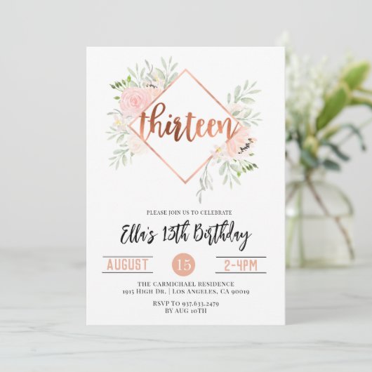 13. Rose Goldener Geburtstag Einladung (Stehend Vorderseite)