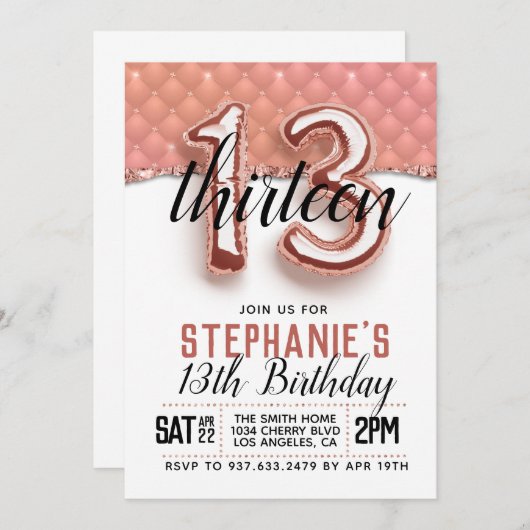 13. Rose Goldener Geburtstag Einladung (Vorne/Hinten)