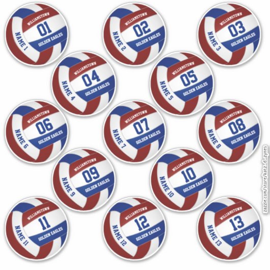 13 Stück Spielernamen Maroon Blue Volleyball Aufkleber (Vorderseite)